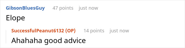Screenshot of a Reddit conversation about refusing a sister-in-law’s service dog at a wedding and advice on eloping.