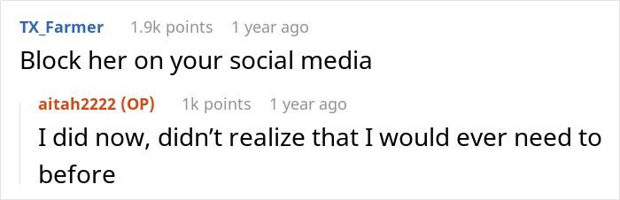 Screenshot of social media comments where a woman is advised to block her sister after rejecting money requests.