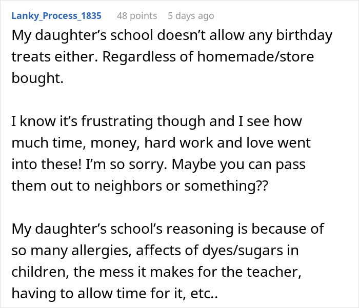 Screenshot of a social media comment explaining school rules banning birthday treats due to allergies and teacher concerns. Screenshot of a social media comment explaining school rules banning birthday treats due to allergies and teacher concerns.