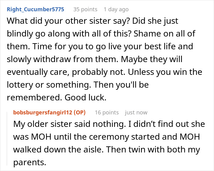 Reddit conversation revealing family favoritism as bride tries to erase twin during wedding ceremony. Reddit conversation revealing family favoritism as bride tries to erase twin during wedding ceremony.