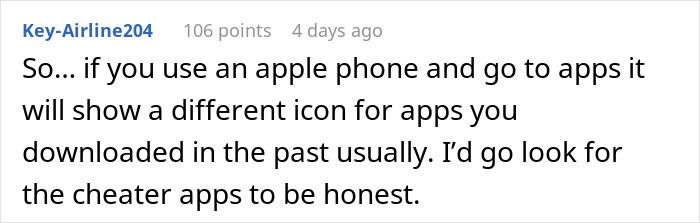 Comment discussing how checking a husband’s phone during surgery might reveal suspicious apps, raising confusion and suspicion. Comment discussing how checking a husband’s phone during surgery might reveal suspicious apps, raising confusion and suspicion.