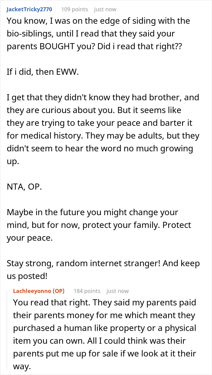 Screenshot of a Reddit conversation discussing a man’s birth family tracking him down after abandoning him. Screenshot of a Reddit conversation discussing a man’s birth family tracking him down after abandoning him.