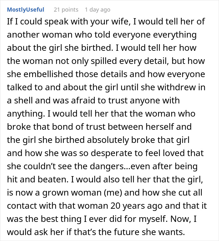 Comment explaining telling wife why daughter doesn’t trust, reflecting on broken trust and healing efforts. Comment explaining telling wife why daughter doesn’t trust, reflecting on broken trust and healing efforts.