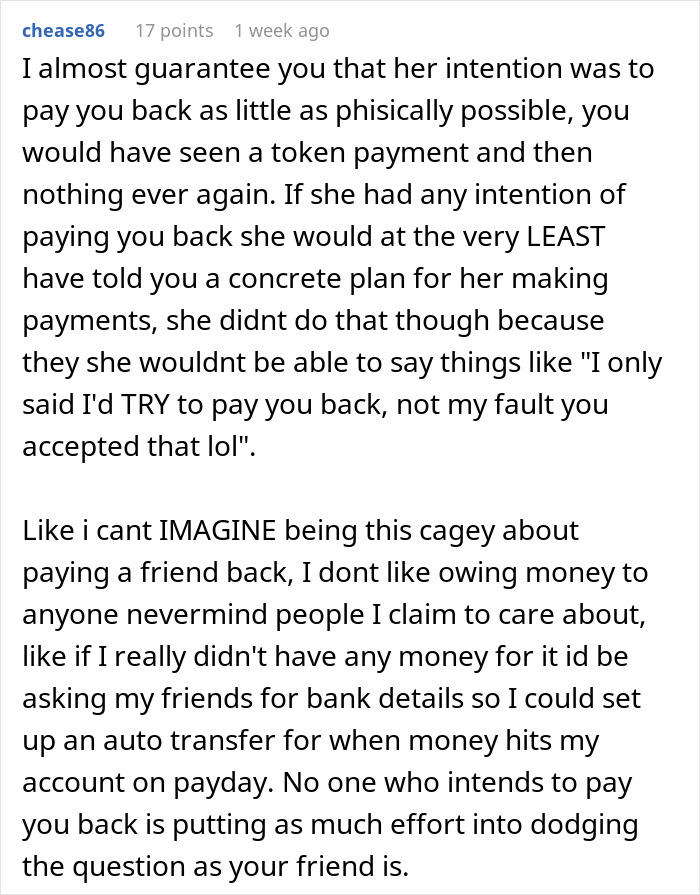 Text post discussing frustration with a friend who refuses to pay back money owed, highlighting trust and repayment issues. Text post discussing frustration with a friend who refuses to pay back money owed, highlighting trust and repayment issues.
