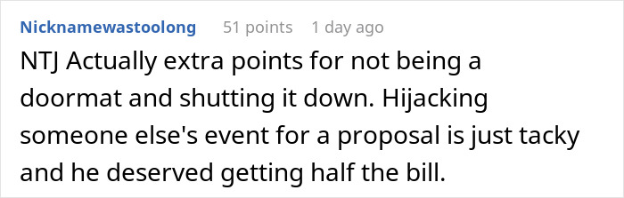 Comment discussing a woman shutting down her brother’s proposal at her baby shower, calling it tacky and unfair. Comment discussing a woman shutting down her brother’s proposal at her baby shower, calling it tacky and unfair.
