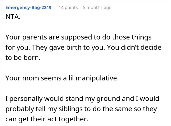 Screenshot of a forum comment discussing a mom retirement plan, calling a mom manipulative and advising to stand ground. Screenshot of a forum comment discussing a mom retirement plan, calling a mom manipulative and advising to stand ground.