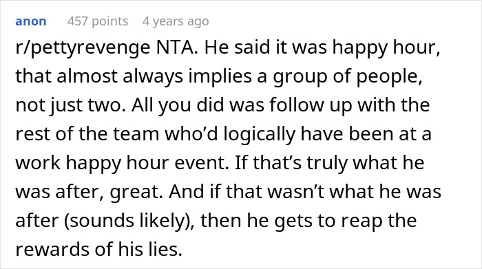 Screenshot of a Reddit comment with a petty response to a creepy coworker about a misleading happy hour invitation. Screenshot of a Reddit comment with a petty response to a creepy coworker about a misleading happy hour invitation.