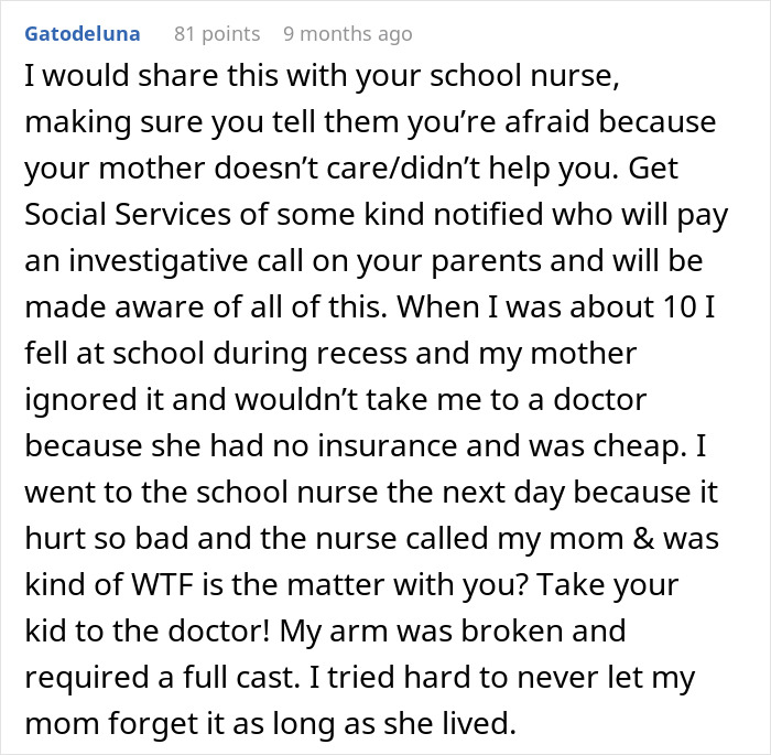 Comment about a teen fainting and hurting herself after mom doubted the fall was real, showing neglect and pain shared.