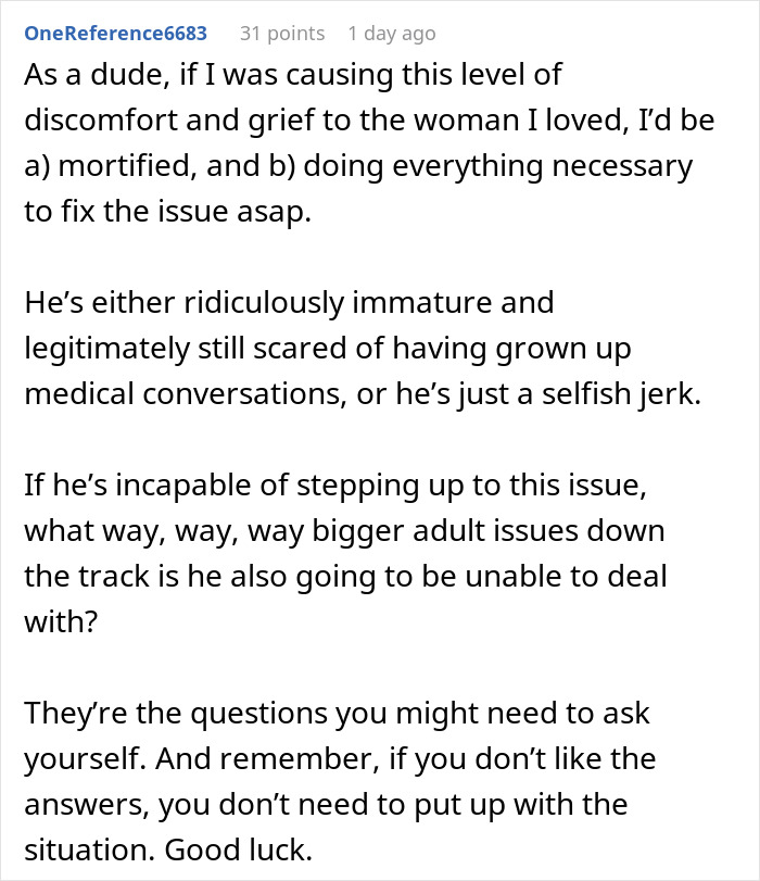 Comment discussing boyfriend refusing testing despite being prone to infections, causing relationship doubts and reconsideration of marriage plans. Comment discussing boyfriend refusing testing despite being prone to infections, causing relationship doubts and reconsideration of marriage plans.