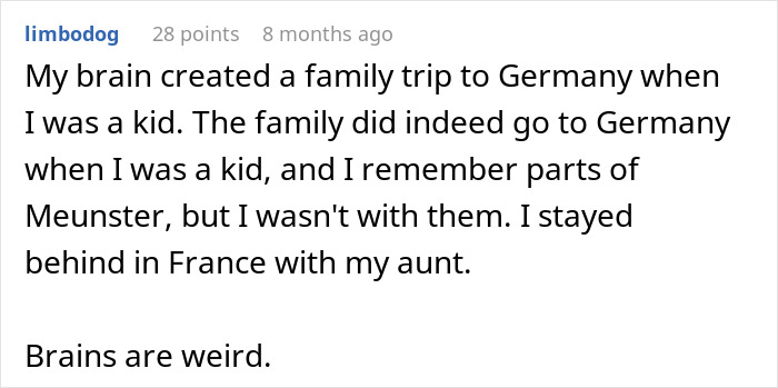 Reddit comment about a false memory, relating to someone convinced they took an art class with their girlfriend. Reddit comment about a false memory, relating to someone convinced they took an art class with their girlfriend.