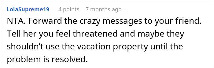 Screenshot of a social media comment advising a woman to address harassment before allowing use of a vacation property. Screenshot of a social media comment advising a woman to address harassment before allowing use of a vacation property.