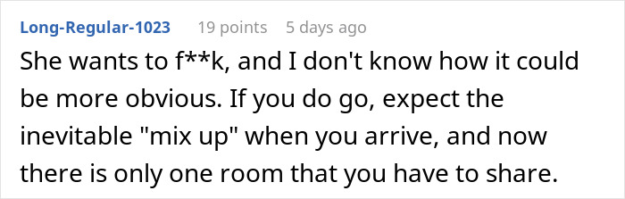 Text excerpt discussing a situation involving a boss invite vacation with her, mentioning room sharing and a possible mix-up. Text excerpt discussing a situation involving a boss invite vacation with her, mentioning room sharing and a possible mix-up.