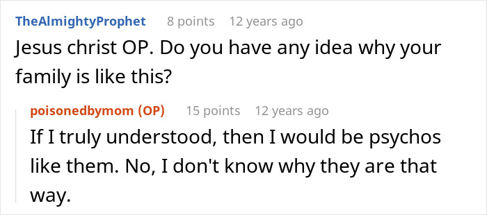 Reddit conversation showing a user discussing family issues and mentioning being mother poisoned in a text thread. Reddit conversation showing a user discussing family issues and mentioning being mother poisoned in a text thread.
