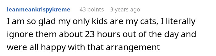 Screenshot of a social forum comment expressing relief at having cats instead of children due to the hardships of motherhood.