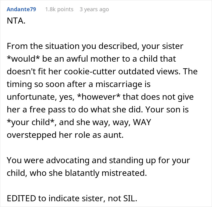 Text comment discussing how a sister forcing gender roles shows she would be an awful mom after miscarriage. Text comment discussing how a sister forcing gender roles shows she would be an awful mom after miscarriage.