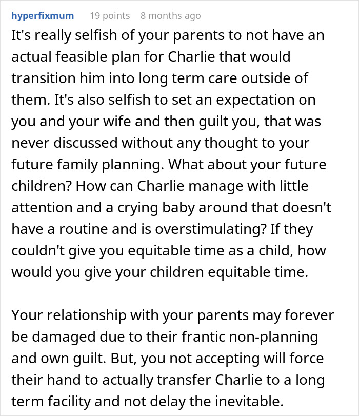 Comment discussing parents expecting son to care for autistic brother and consequences of refusing the caregiving role. Comment discussing parents expecting son to care for autistic brother and consequences of refusing the caregiving role.