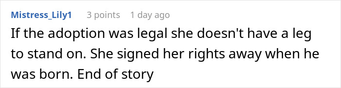 Comment discussing adoption legality, emphasizing no return policy and rights signed away at birth by mom. Comment discussing adoption legality, emphasizing no return policy and rights signed away at birth by mom.