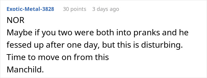 Comment text on a forum discussing a woman finding a hidden device planted by her boyfriend as a prank. Comment text on a forum discussing a woman finding a hidden device planted by her boyfriend as a prank.