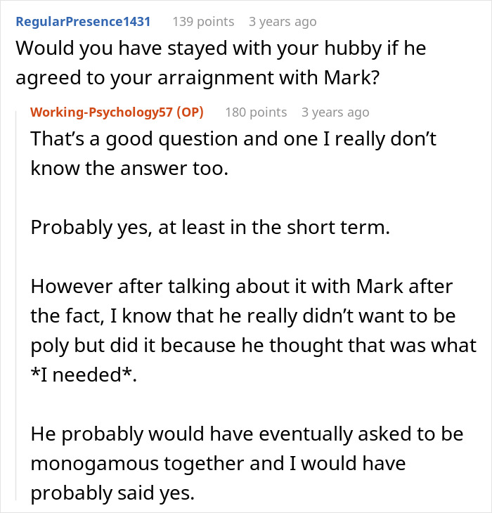 Screenshot of an online discussion about a guy coming out as poly and the impact on his open marriage agreement. Screenshot of an online discussion about a guy coming out as poly and the impact on his open marriage agreement.