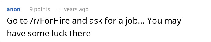 Screenshot of a Reddit comment suggesting to visit r/ForHire for job opportunities related to mother poisoned me story. Screenshot of a Reddit comment suggesting to visit r/ForHire for job opportunities related to mother poisoned me story.