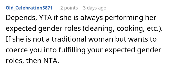Comment discussing expected gender roles and responsibility in a husband and wife financial disagreement about honeymoon costs. Comment discussing expected gender roles and responsibility in a husband and wife financial disagreement about honeymoon costs.
