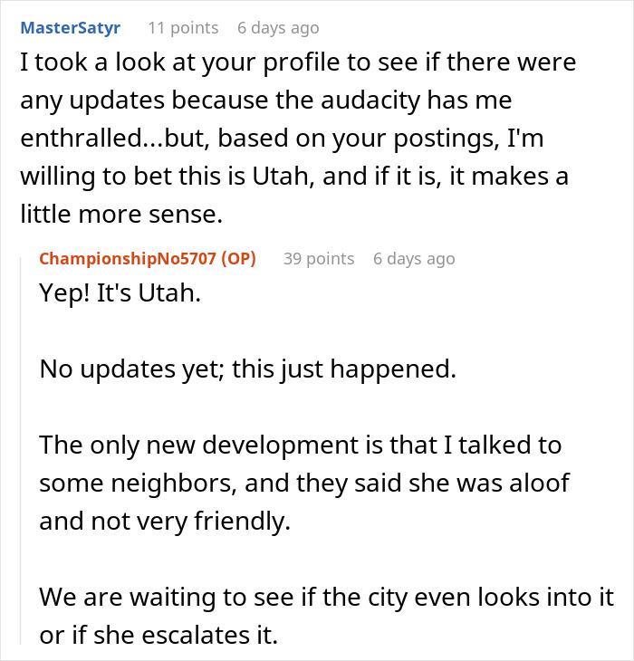 Screenshot of an online discussion about a neighbor upset over a nanny parking in front of a home in Utah. Screenshot of an online discussion about a neighbor upset over a nanny parking in front of a home in Utah.