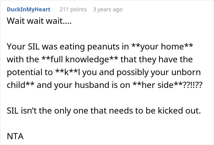 Text post expressing shock over sister-in-law eating peanuts at home despite allergy, with husband siding with sister.