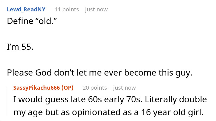 Online forum exchange with users discussing age and behavior related to rude old man on first class flight. Online forum exchange with users discussing age and behavior related to rude old man on first class flight.