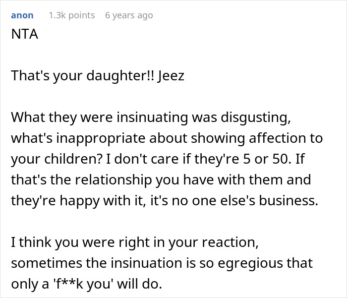 Comment discussing a 15-year-old cuddling with dad and defending the appropriate family affection amid in-law accusations. Comment discussing a 15-year-old cuddling with dad and defending the appropriate family affection amid in-law accusations.