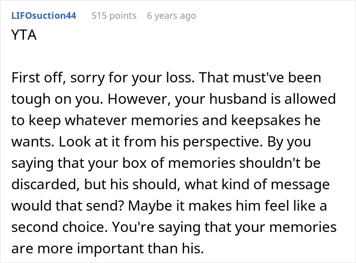 Reddit comment discussing wife wanting man to toss his ex-GF's memory box but keep her late ex-BF's, highlighting hypocrisy.