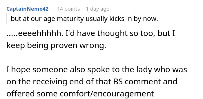 Reddit comment discussing maturity and support after crazy body-shaming comment leading to immediate CFO firing. Reddit comment discussing maturity and support after crazy body-shaming comment leading to immediate CFO firing.