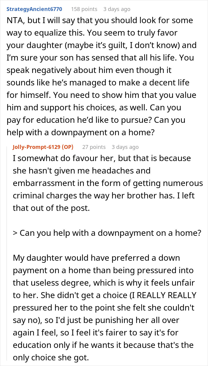Reddit discussion on paying off daughter student loans and family dynamics including favoring one child over another. Reddit discussion on paying off daughter student loans and family dynamics including favoring one child over another.