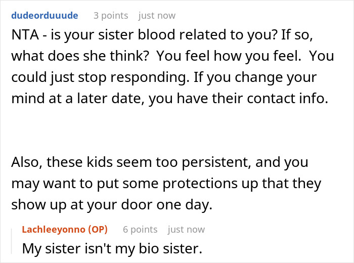Alt text: Reddit conversation about man’s birth family tracking him down and his decision to keep them out of his life. Alt text: Reddit conversation about man’s birth family tracking him down and his decision to keep them out of his life.