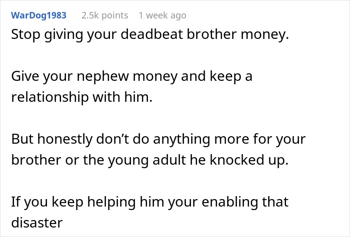 Comment about a man demanding financial support from stepbrother for his pregnant girlfriend, causing family drama.
