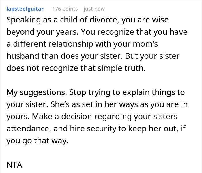 Comment discussing a bride refusing mom’s hubby to walk her down the aisle amid sister’s conflict and family dynamics.