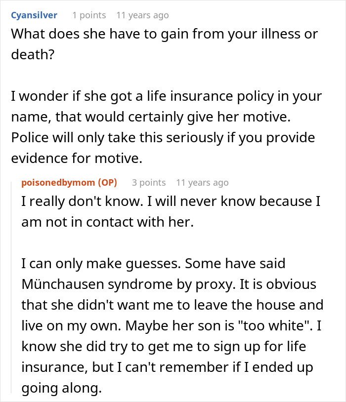 Commenters discussing possible motives and evidence related to the mother poisoned me situation and life insurance claims. Commenters discussing possible motives and evidence related to the mother poisoned me situation and life insurance claims.