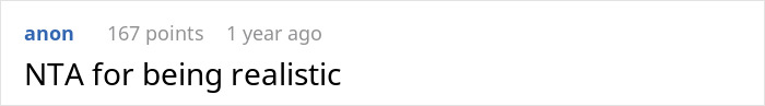 Screenshot of online comment reading NTA for being realistic in a discussion about a woman suggesting obese friend buy 2 seats for comfort on flight. Screenshot of online comment reading NTA for being realistic in a discussion about a woman suggesting obese friend buy 2 seats for comfort on flight.