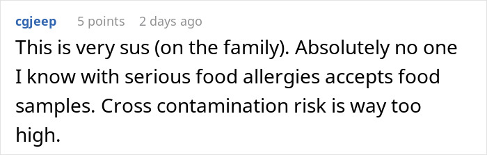 Kid with nut allergy grabbing food sample while worker is blamed for giving it, highlighting allergy and safety concerns.