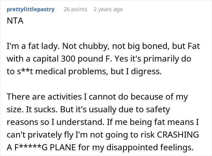 Comment discussing obesity and safety concerns related to flying, reflecting family drama over plane refusal. Comment discussing obesity and safety concerns related to flying, reflecting family drama over plane refusal.