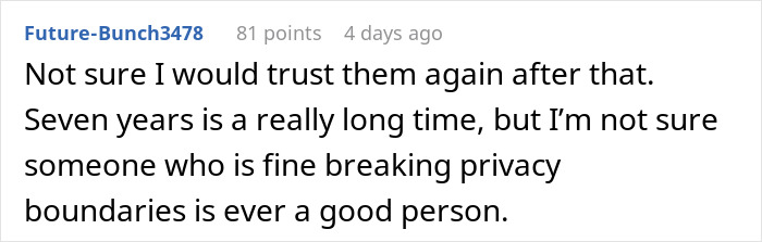 Reddit comment discussing trust issues after a man goes through his girlfriend’s phone in a long-term relationship. Reddit comment discussing trust issues after a man goes through his girlfriend’s phone in a long-term relationship.