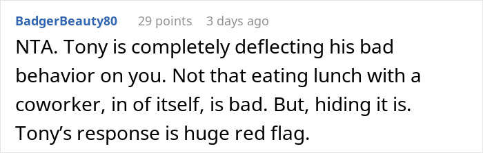 Screenshot of an online forum comment discussing a man worried his wife’s petty drama might cost his job. Screenshot of an online forum comment discussing a man worried his wife’s petty drama might cost his job.
