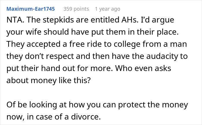 Reddit comment discussing stepkids showing indifference toward stepdad and entitlement to inheritance in family conflict. Reddit comment discussing stepkids showing indifference toward stepdad and entitlement to inheritance in family conflict.