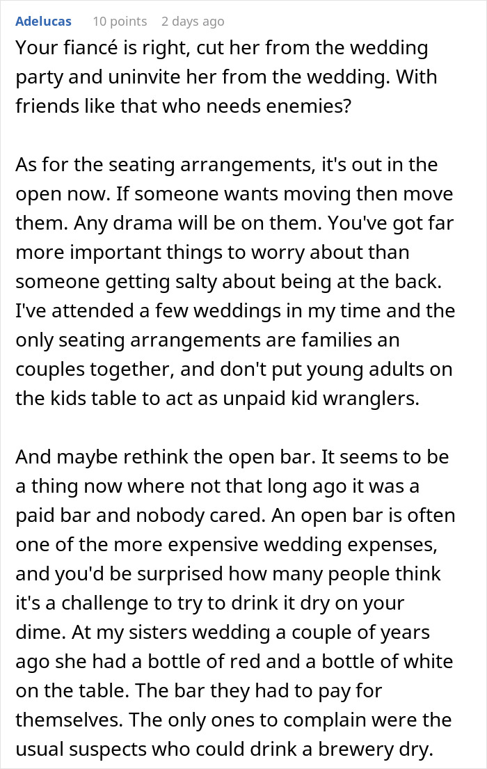 Comment discussing bride stuck between loyalty and trust after bridesmaid leaks wedding seating chart causing guest offense and drama. Comment discussing bride stuck between loyalty and trust after bridesmaid leaks wedding seating chart causing guest offense and drama.