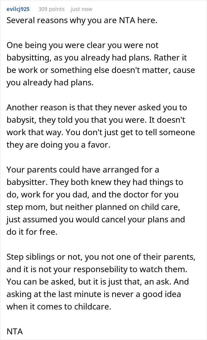 Teen secretly plans to ditch babysitting half siblings as couple expects help with childcare responsibilities. Teen secretly plans to ditch babysitting half siblings as couple expects help with childcare responsibilities.