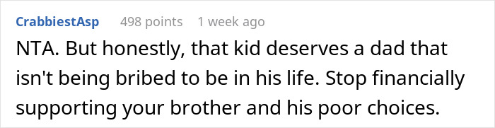 Comment from an online discussion about a man confronting his stepbrother over financial support for his pregnant girlfriend.