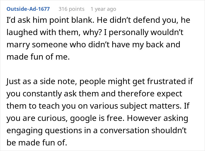 Comment advising future MIL brands bride-to-be as fiancé laughs, questioning loyalty and respect in relationship. Comment advising future MIL brands bride-to-be as fiancé laughs, questioning loyalty and respect in relationship.