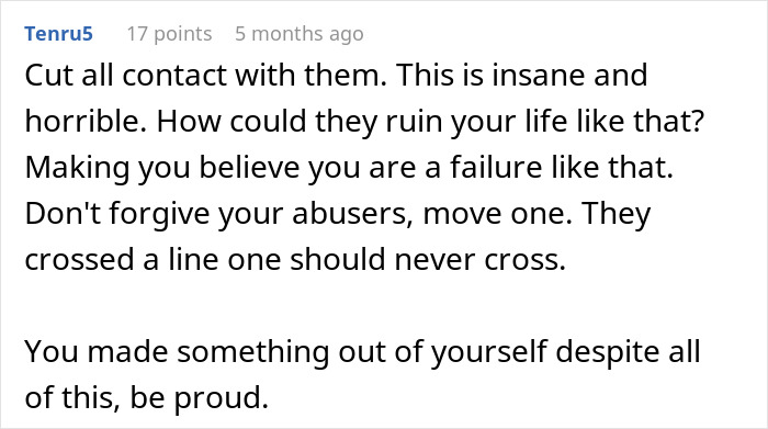 Screenshot of a user comment advising to cut contact with abusers who hid college acceptance letters from least favorite kid. Screenshot of a user comment advising to cut contact with abusers who hid college acceptance letters from least favorite kid.