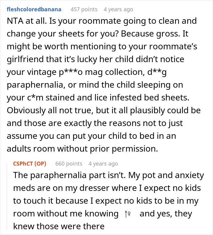 Reddit discussion about roommate conflict after girlfriend's kid sleeps in roommate’s bed without permission. Reddit discussion about roommate conflict after girlfriend's kid sleeps in roommate’s bed without permission.