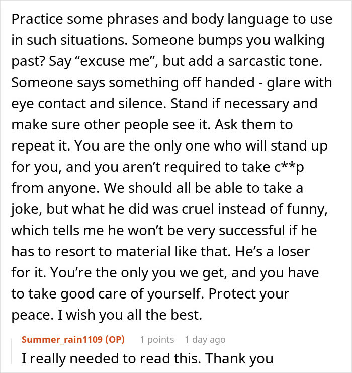 Text excerpt offering advice on handling hurtful situations and standing up for yourself at a stand-up comedy show. Text excerpt offering advice on handling hurtful situations and standing up for yourself at a stand-up comedy show.