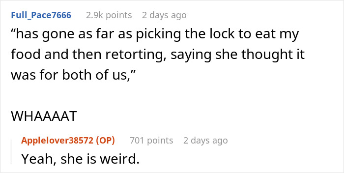 Screenshot of a forum discussion about a serial food thief with peanut allergy stealing roommate’s dinner and blaming him. Screenshot of a forum discussion about a serial food thief with peanut allergy stealing roommate’s dinner and blaming him.